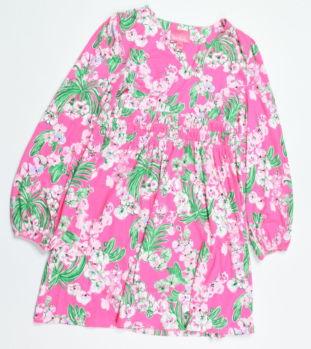 Lilly Pulitzer Calla Long Sleeve V-Neck Dress Womens Medium Pink Green Floral